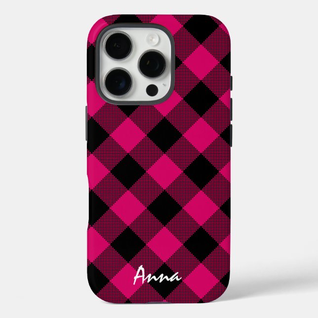 Karierte Personalisierte Rosa und Schwarz Buffalo iPhone 16 Pro Hülle (Rückseite)