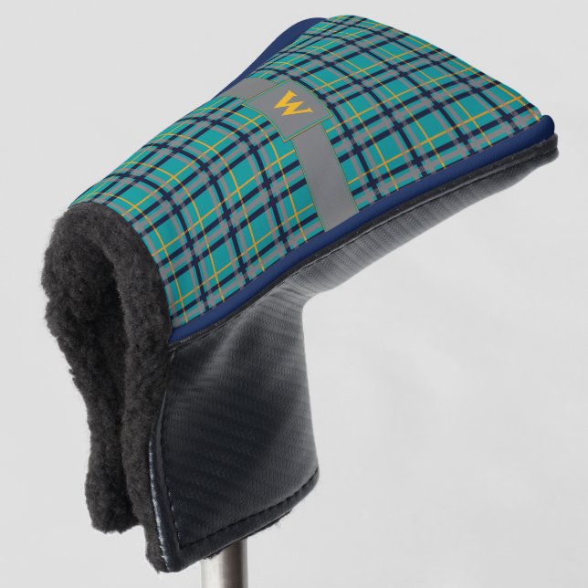 Karierte Putter-Abdeckung Blau und Orange Golf Headcover (3/4 Vorderseite)