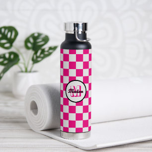 Karierte Quadrate heiß rosa weiß Retro Monogramm Trinkflasche