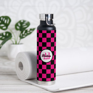 Karierte Quadrate heißrosa schwarzes Retro-Monogra Trinkflasche