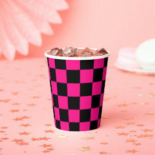 Karierte Quadrate Hot Pink Schwarz geometrisch Ret Pappbecher
