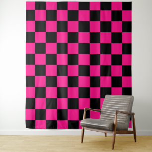 Karierte Quadrate Hot Pink Schwarz geometrisch Ret Wandteppich