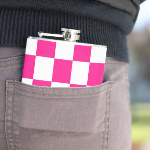 Karierte Quadrate Hot Pink Weiße Geometrische Retr Flachmann
