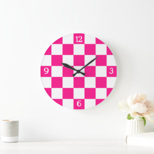 Karierte Quadrate Hot Pink Weiße Geometrische Retr Große Wanduhr