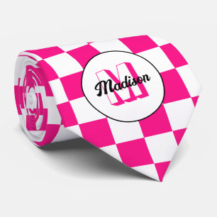 Karierte Quadrate Hot Pink Weiße Retro-Monogramm Krawatte
