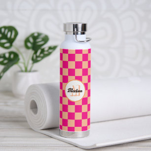 Karierte Quadrate Pfirsich heiß rosa Retro Monogra Trinkflasche