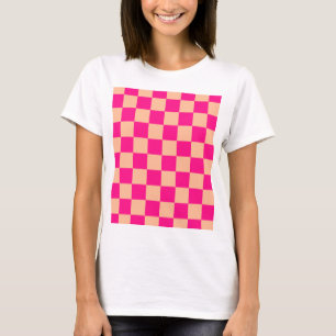 Karierte Quadrate Pfirsich heißes Rosa geometrisch T-Shirt