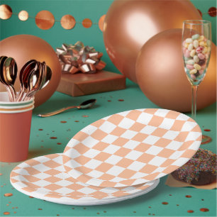 Karierte Quadrate Pfirsich Orange Weiß geometrisch Pappteller
