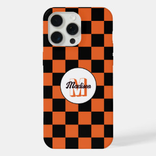 Karierte Quadrate schwarz und orange Retro-Monogra iPhone 15 Pro Max Hülle