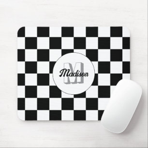 Karierte Quadrate Schwarz-Weiß Retro-Monogramm Mousepad
