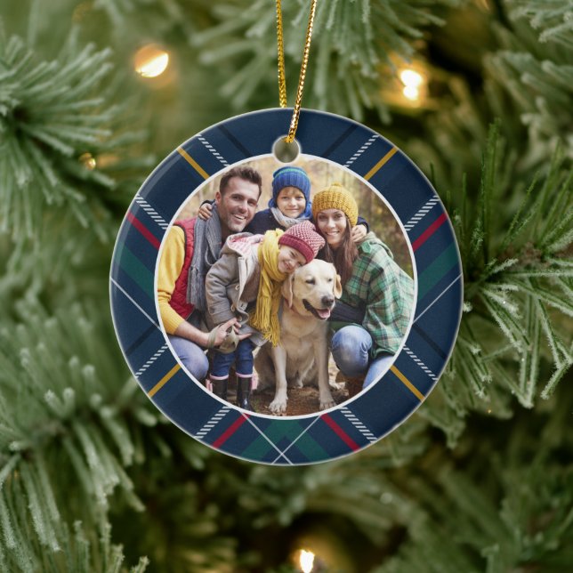 Karierte Rahmenfamilie Foto personalisiert Weihnac Keramik Ornament (Baum)