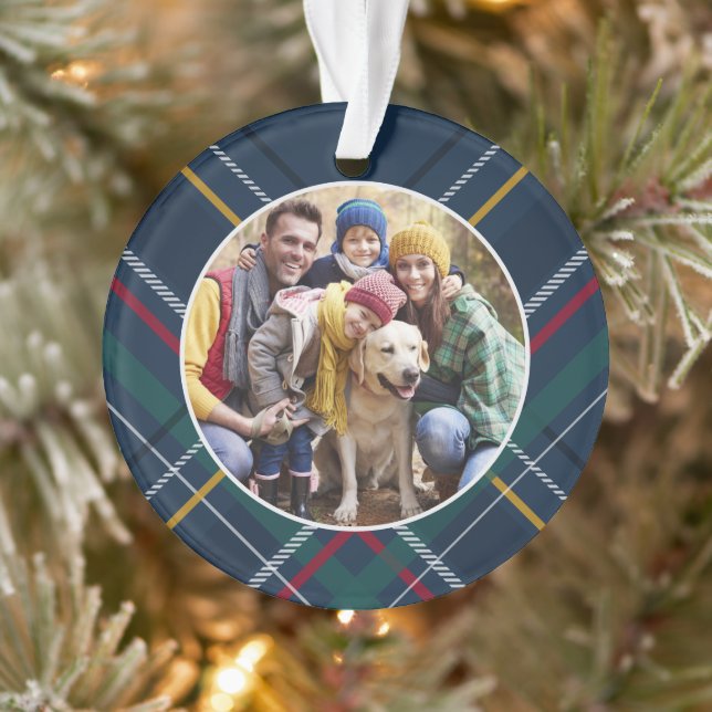 Karierte Rahmenfamilie Foto personalisiert Weihnac Ornament (Baum)