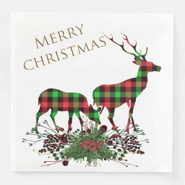Karierte Rentiers Frohe Weihnachten & Grünen Serviette (Vorderseite)