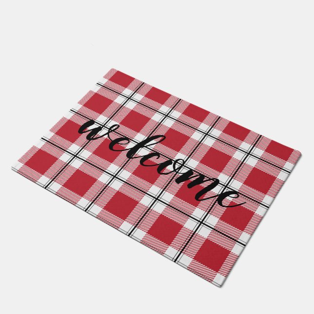 Karierte, rote und schwarze Begrüßung Flanell Fußmatte (Schrägansicht)