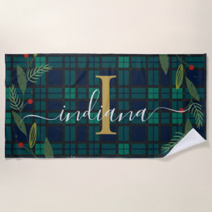Karierte Rustikale Monogram Script Wreath Tartan Strandtuch