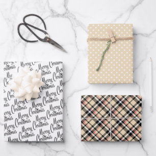 Karierte Schwarz-weiße Taupe Geschenkpapier Set