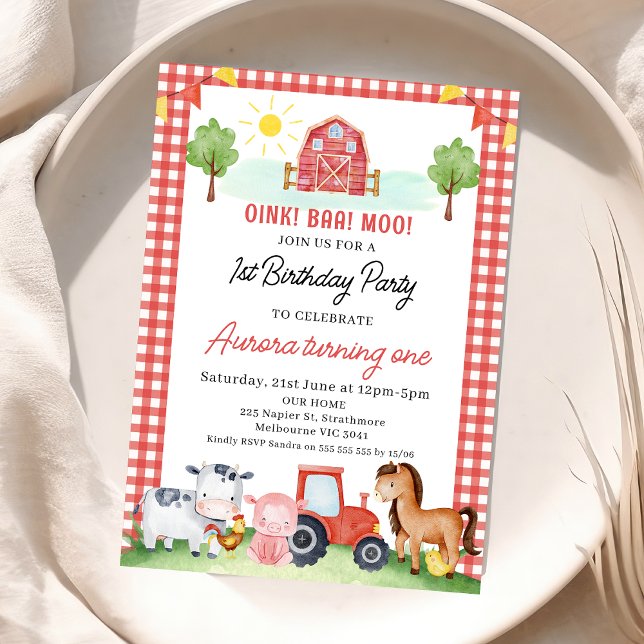Karierte Stalltiere zum Geburtstag Einladung (Girls Red Farm Birthday Birthday Invitation, Barnyard Animals, Farm Birthday Invite, Red Tractor)