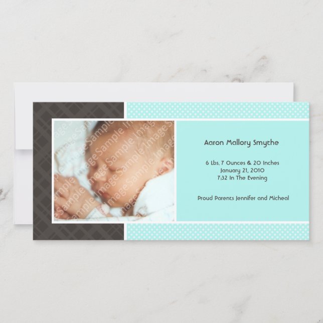Karierte und Micro Dots Aqua Neue Baby Foto Cards Ankündigung (Vorderseite)