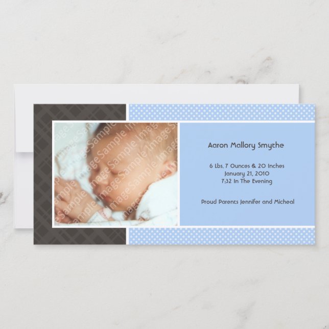 Karierte und Micro Dots Blue New Baby Foto Cards Ankündigung (Vorderseite)