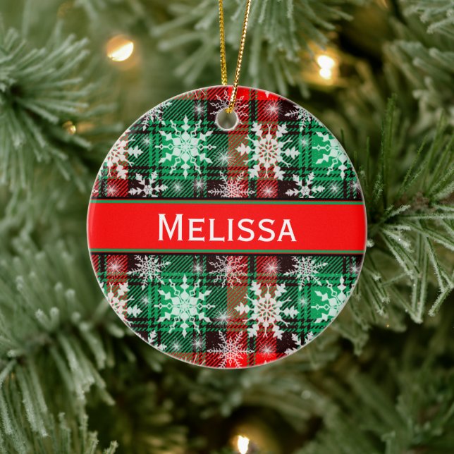 Karierte und Schneeflocken Weihnachtsmuster mit Na Keramik Ornament (Baum)