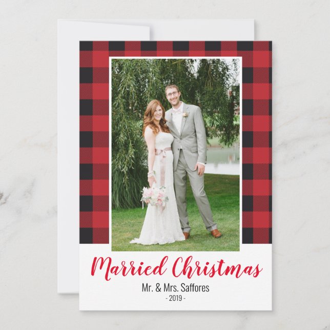 Karierte Verheiratete Weihnachtsfotokarte Feiertagskarte (Vorderseite)