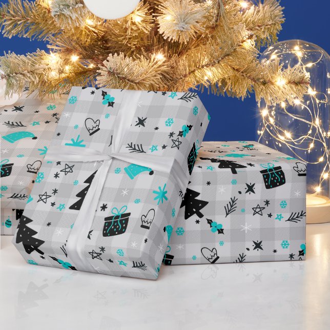 Karierte Weihnachten in Schwarz und Blau Geschenkpapier (Feiertage)