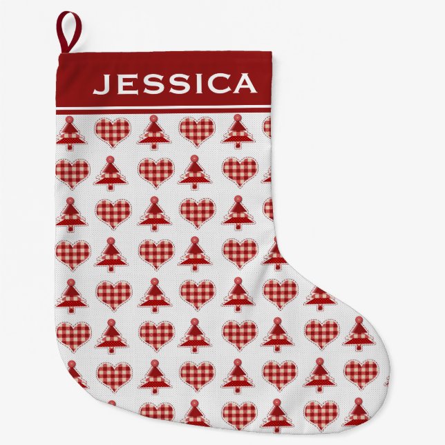 Karierte Weihnachtsbäume und Herz Personalisiert Großer Weihnachtsstrumpf (Vorderseite)