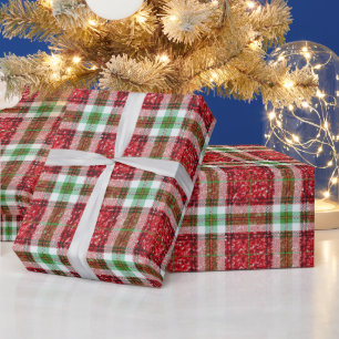 Karierte Weihnachtsferien in Rot und Grün - Glitze Geschenkpapier