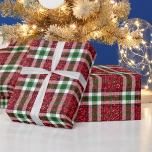 Karierte Weihnachtsferien in Rot und Grün - Glitze Geschenkpapier