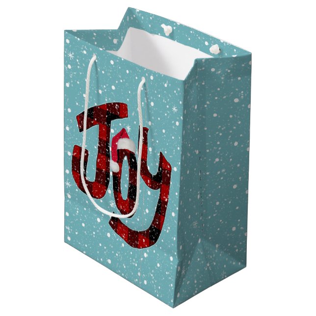 Karierte Weihnachtsfreude auf Schneeflocken Mittlere Geschenktüte (Vorderseite Schrägansicht)