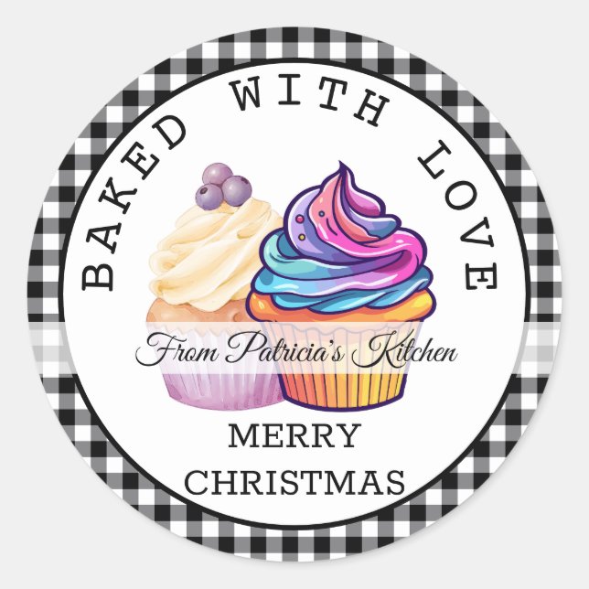 Karierte Weihnachtsgebäck mit Liebe Cupcake Runder Aufkleber (Vorderseite)