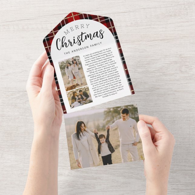 Karierte Weihnachtskarten der Roten Familie dreima All In One Einladung (Abreißen)