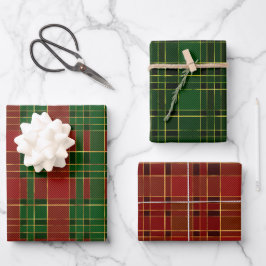 Karierte Weihnachtsmuster in Rot, Gold und Grün Geschenkpapier Set