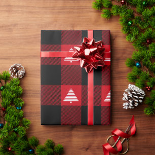 Karierte weiße Weihnachtsbäume in Schwarz und Rot  Geschenkpapier