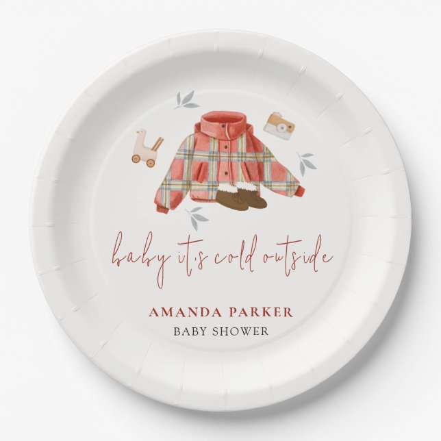 Karierte Winterkleidung Kinderdusche Pappteller (Vorderseite)