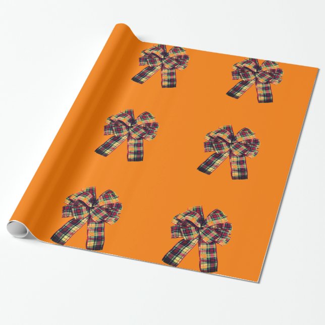 Karierter Bogen auf Orange Wrapping Paper Geschenkpapier (Ungerollt)