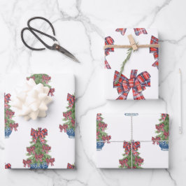 Karierter Bow Chinoiserie Topiary Tree Geschenkpapier Set
