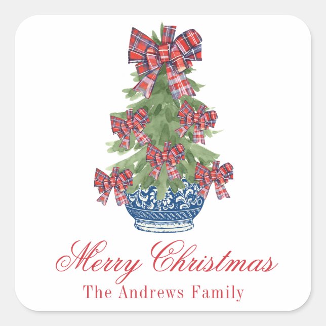 Karierter Bow Chinoiserie Topiary Tree Quadratischer Aufkleber (Vorderseite)