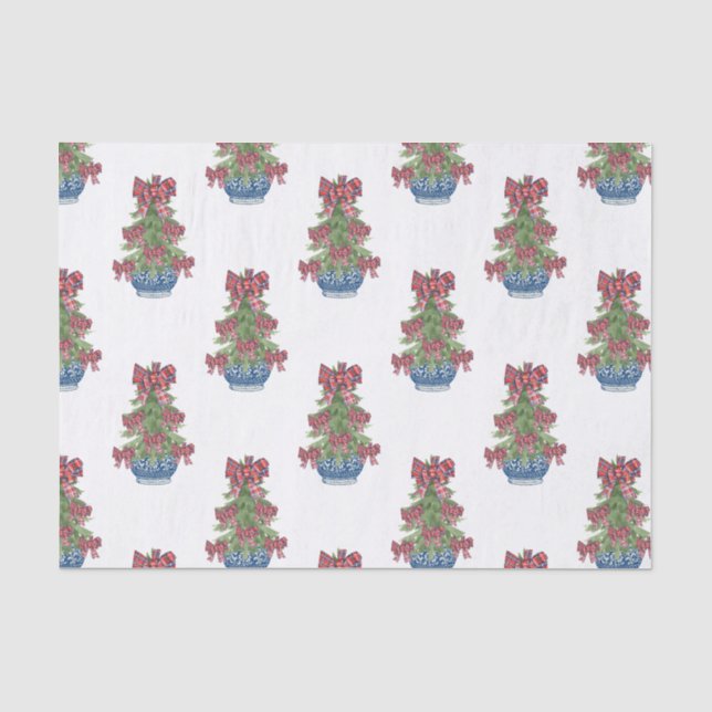 Karierter Bow Chinoiserie Topiary Tree Seidenpapier (Vorderseite)