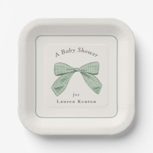 Karierter Bow mit heller Sage Elegante Baby-Dusche Pappteller