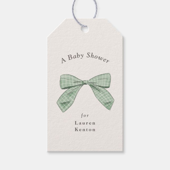 Karierter Bow mit leichter Sage Elegante neutrale  Geschenkanhänger (Vorderseite)