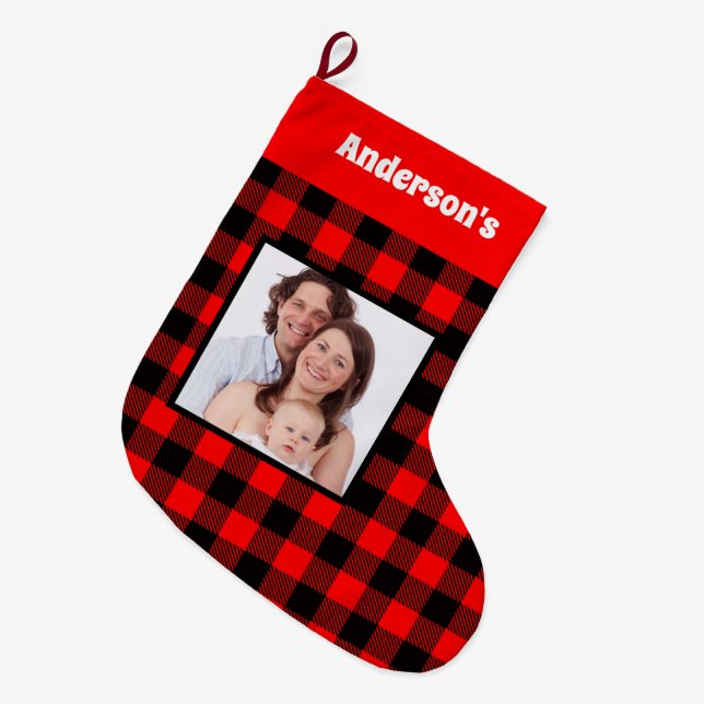 Karierter Familienname von Black Red Buffalo, Name Großer Weihnachtsstrumpf (Vorderansicht (hängend))