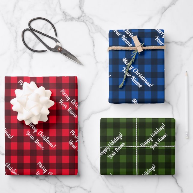 karierter Gingham-Karo am Büffel Frohe Weihnachten Geschenkpapier Set (Vorderseite)
