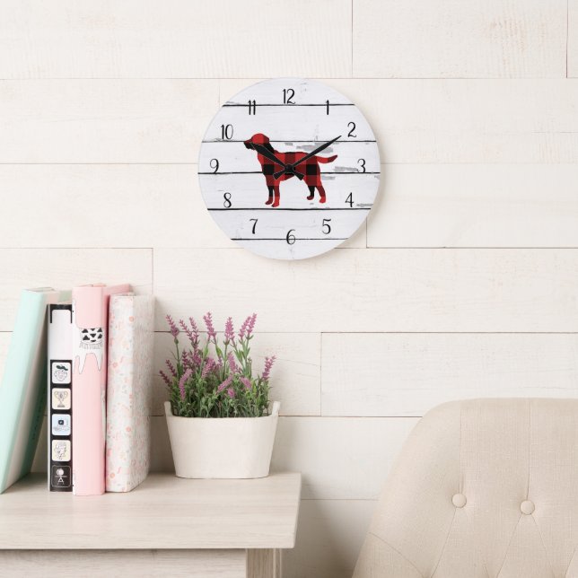 Karierter Hund Labrador Rustic Shiplap Bauerndekor Große Wanduhr (Lesesaal)