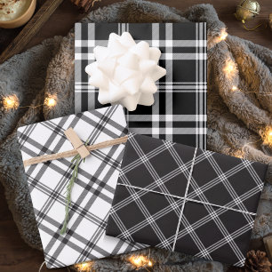 Karierter klassischer Schwarz-Weiß-Tartan Geschenkpapier Set