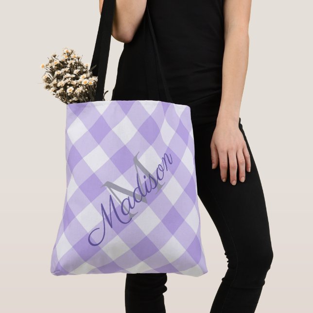 Karierter Lavendel Lila Niedlicher Mädchenname Mon Tasche (Von Nahem)