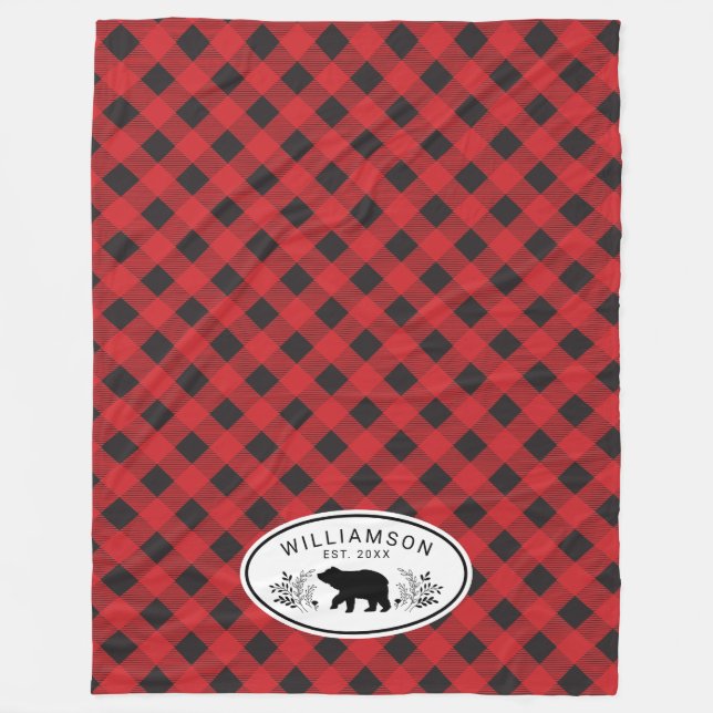 Karierter Lumberjack-Bärenmonogramm Fleecedecke (Vorderseite)