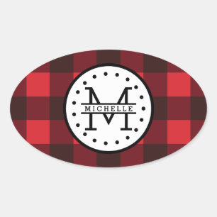 Karierter Lumberjack Name Monogram Ovaler Aufkleber