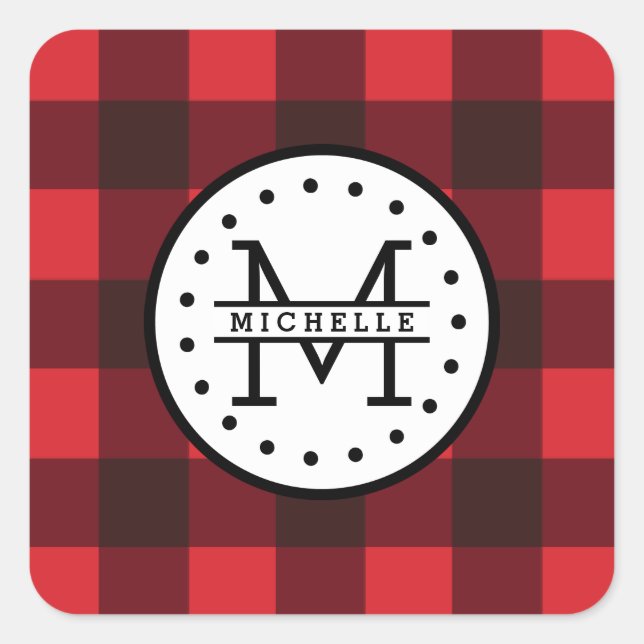 Karierter Lumberjack Name Monogram Quadratischer Aufkleber (Vorderseite)