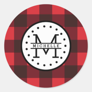 Karierter Lumberjack Name Monogram Runder Aufkleber